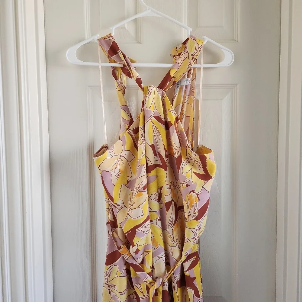 Abstract Plumeria Womens Nine West Crisscross Neck Wide Leg Jumpsuit NWT Size XL